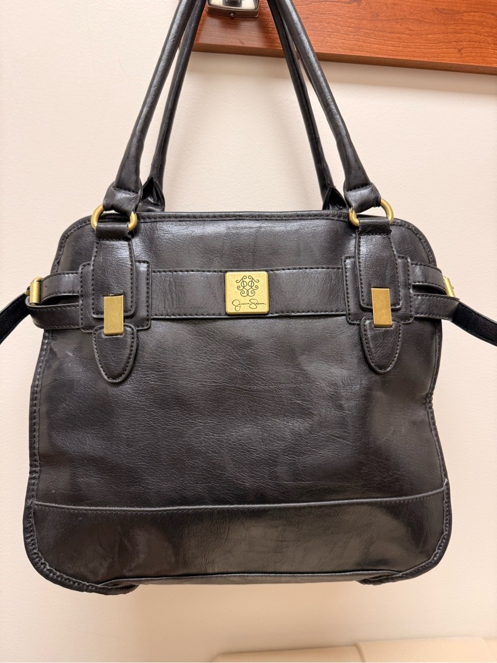 Jessica Simpson Black Satchel Gold Hardware Faux Leather EUC